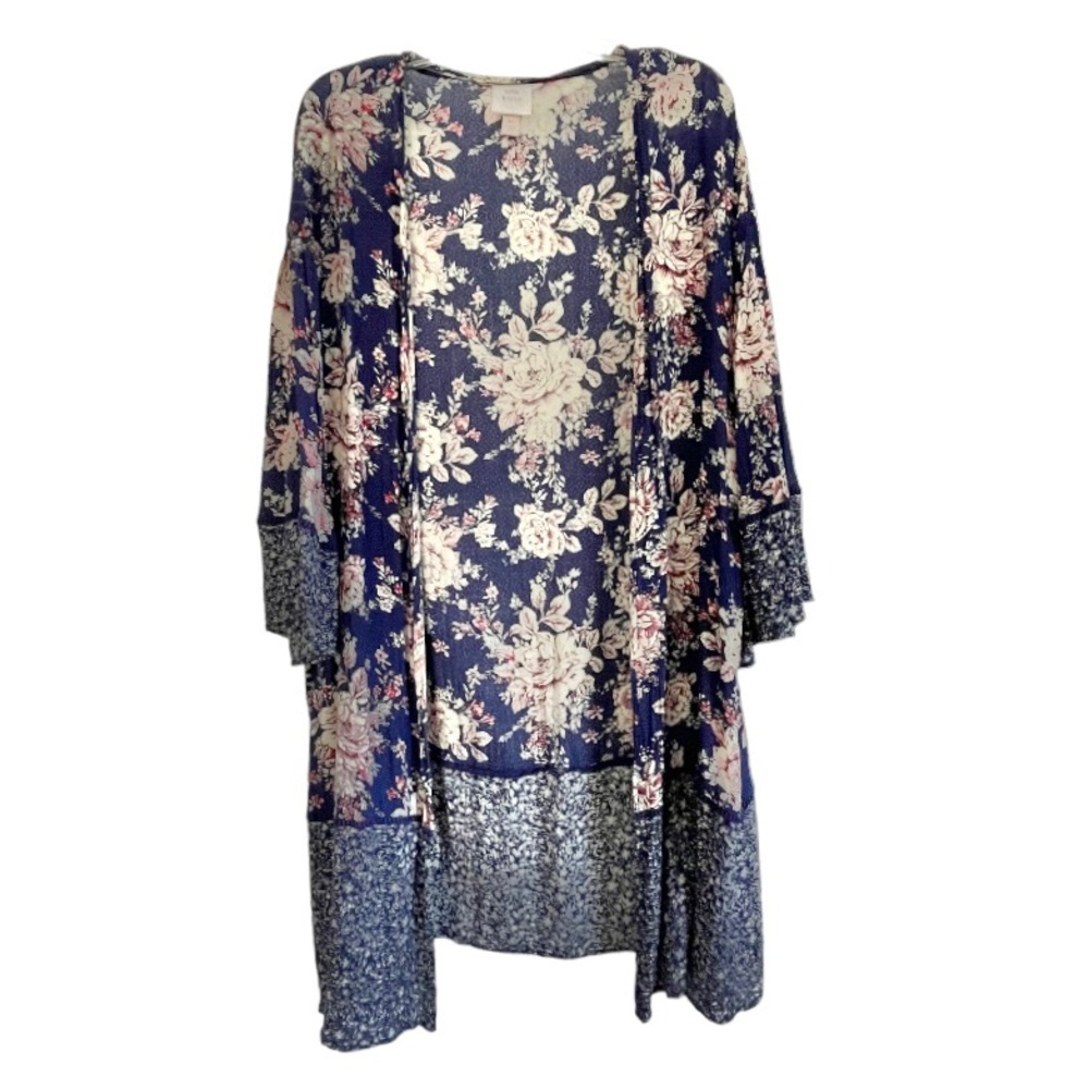 Dark Blue Floral Print Coverup, Loose Cardigan, Open Front Kimono size large